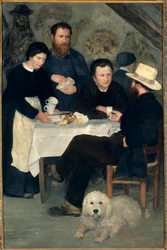 Chez la Mere Antony a Marlotte (Bourron-Marlotte (77)): Claude Monet, Alfred Sisley og Charles Le Coeur rundt bordet med Mere Anthony, Maleri av Pierre Auguste Renoir (1841-1919)