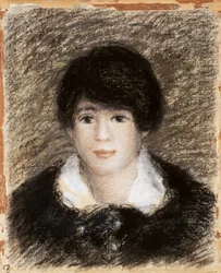 Ung kvinne, sett fra ansiktet, iført svart kjole og hvit krage. Tegning av Pierre Auguste (Pierre-Auguste) Renoir (1841–1919).