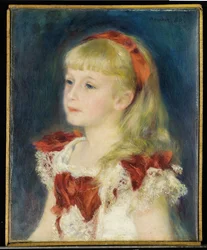 Mademoiselle Grimprel med det røde båndet (Helene Grimprel, ca. 1873-?) - Maleri av Pierre Auguste Renoir (1841-1919), olje på lerret (45x35 cm)