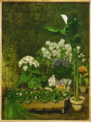 Stilleben, vårblomster i et vinterhage (olje på lerret)