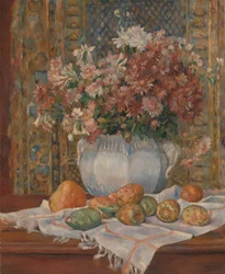 Stilleben med blomster og stikkende pærer, ca. 1885.