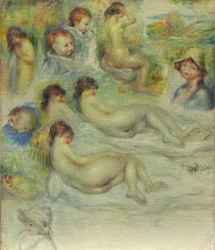 Studier av Pierre Renoir, hans mor, Aline Charigot, nakenbilder og landskap, 1885-86
