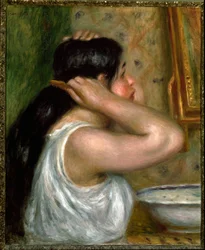 Toalettet: kvinne som maler seg selv (olje på lerret