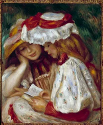 To unge jenter som leser maleri av Pierre Auguste Renoir (1841-1919)