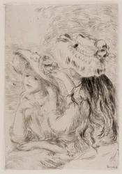To unge jenter som fester blomster på hattene sine, ca. 1894 (blekketsning på papir)