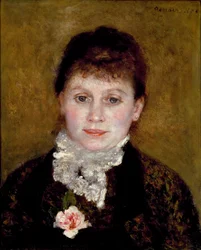 Kvinnen har hvit krage. Portrett av en kvinne med en rose