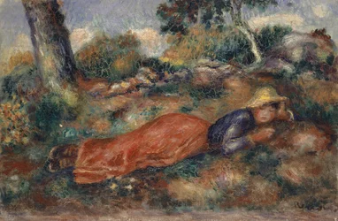 Ung kvinne som ligger i gresset Ung kvinne som ligger på gresset, ca 1890-1895.