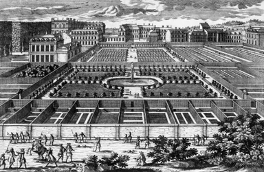 Utsikt over kjøkkenhagen i Versailles på Louis XIVs tid, gravering av Aveline