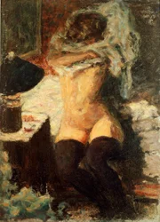 Svarte strømper Kvinne kler av seg. Maleri av Pierre Bonnard (1867-1947) 1908 om Dim. 58x43 cm England, samling The Earl of Rosslyn