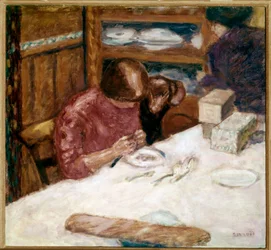 Interiør Kvinne opptatt med hjemlige flekker. Maleri av Pierre Bonnard (1867-1947) 1914 Privat samling