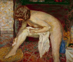 Naken har toalettet sitt foran peisen Maleri av Pierre Bonnard (1867-1947) 1907 Privat samling
