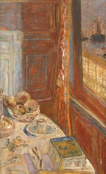 Stilleben med skip sett gjennom vindu, ca. 1906