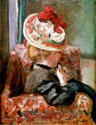 Stråhatten Kvinne sitter på en blomstersofa. Maleri av Pierre Bonnard