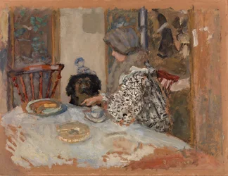 Kvinne med hund, eller kvinne og hund ved bordet