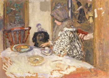 Kvinne med en hund ved bordet (olje om bord)