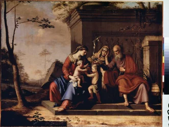 ""Den hellige familie"" Maleri av Pierre Cauchy (?-1687) 1655 Mål 78x106 cm Eremitagemuseet, St. Petersburg, Russland