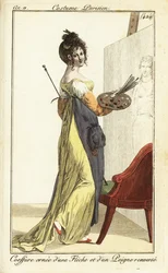 Kvinnelig kunstner foran et oljemaleri, Paris