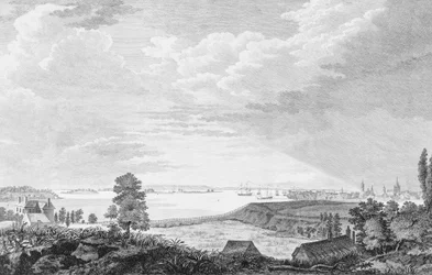En sørvestlig utsikt over byen New York, i Nord-Amerika, ca. 1768.