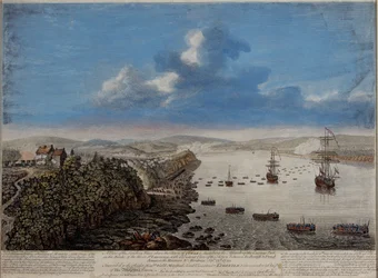 En utsikt over landingsstedet over byen Quebec som beskriver angrepet ... på Hauteurs DAbraham Septr. 13. 1759, ca. 1760