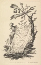 Tittelside: en smilende mann holder et hjørne av et tøy knyttet til et fikentre og peker med en s..., 1759.