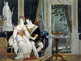 Ungt borgerlig par i et interiør i galantsamtale - av Pierre Chasselat, deb. 1800-tallet
