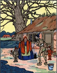 Flukten til Picrochole som møter en gammel heks Illustrasjon av Pierre Couselles (død 1938) fra "Gargantua" av Francois Rabelais