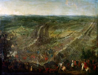 War of the League of Augsburg: "" Slaget ved Fleurus vunnet av marechal of Luxembourg mot våpnene til en koalisjon av De forente provinser (United Provinces), the Imperials, Spania og Storbritannia, 1/07/1690"" Maleri tilskrevet Pierre Denis