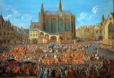 Kong Ludvig XV (1710-1774) forlater rettferdighetens seng som ble holdt ved Palais de Justice i Paris 12.09.1715 La Sainte Chapelle est visible - Maleri a la gouache av Pierre Denis Martin (1663-1742) 1715 - Paris, musee Carnavalet - The Departure of Louis