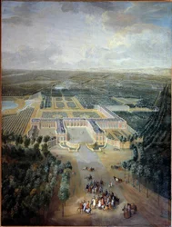 Perspektiv utsikt over slottet og hagene til Trianon: promenaden til kong Louis XV på hesteryggen. Maleri av Pierre Denis Martin (1663-1742). 18. århundre. Dim. 2,96 x 2,23 m. Versailles, musee du Chateau - Perspektiv utsikt over slottet og hagene til Tria