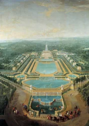 Perspektiv utsikt over slottet Marly, kong Louis XV (1710-1774) barn i vogn passerer foran vanningstrauet Maleri av Pierre Denis Martin (1663-1742) 1724 Søn. 2,96 x 2,24 m