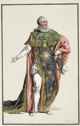 Henrik IV (1553-1610), konge av Frankrike, fra Recueil des estampes, représentant les rangs et les dignités, suivant le costume de toutes les nations existantes, utgitt 1780