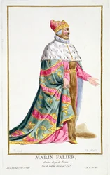 Marino Falier (1274–1355) Doge av Venezia fra «Samling av trykk som representerer rang og verdighet, etter alle eksisterende nasjoners kostyme», utgitt 1780 (håndkolorert gravering)