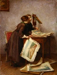 Barn som ser på utskrifter, ca. 1870 (olje på panel)