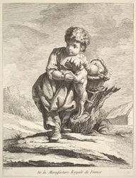 Barn med en hund, som holder en kurv med druer, fra Premier Livre de Figures daprès les po..., 1757.