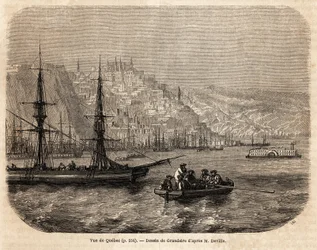 Utsikt over Quebec, tegning av Grandsire, for å illustrere reisene til Nord-Amerika i 1854-1855, av L. Deville. Gravering i “” Le tour du monde”” 1861. Selvas samling.