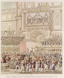 Keiseren og keiserinnen mottar hyllingen av de franske troppene fra balkongen til Tuileriene i anledning av deres ekteskap, gravert av Charles Pierre Joseph Normand (1765-1840) (farge)
