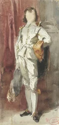 Stående gutt i Van Dyck-kostyme, satt mot en rød gardin