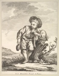 Liten gutt som holder en kurv med druer, fra Second Book of Figures etter po..., etter 1757.