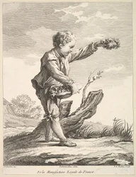Liten gutt som holder en krans og kurv med blomster, fra Deuxième Livre de Figures d