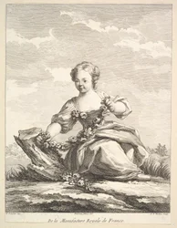 Liten jente som holder en krans av blomster, fra Second Book of Figures etter..., etter 1757.