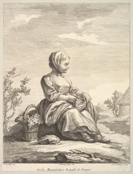 Liten jente som holder druer med en kurv med dem ved sin side, fra Deuxième Livre de..., etter 1757.