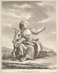 Liten jente som leker med en hund, fra Second Book of Figures etter porselenet..., etter 1757.