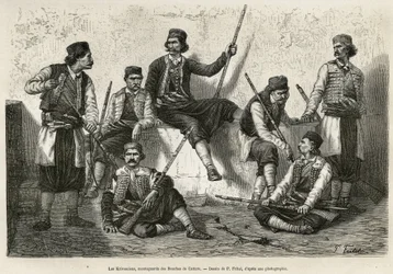 Krivošijani-folket, fjellboere fra Bocche di Cattaro (eller Kotor, en bukt på Montenegros vestkyst), griper til våpen for å motstå de østerrikske troppenes fremrykking. Stikk etter en tegning av P. Fritel til illustrasjon av C.s reise til Dalmatia.