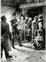 En tysk offiser ber Boulle de talg i bytte mot friheten til alle passasjerene som har blitt arrestert i diligence. I "" Ball of tallow"" av Guy de Maupassant (1850-1893). Illustrasjon av P. G. Jeanniot (1848-1934). Publisert på Ollendorff i