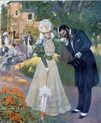 Belle Époque: «Håndkyss»: en mann hilser på en kvinne i en mottakelse. Illustrasjon av Jeanniot for «Le Figaro illustré». Begynnelsen av 1900-tallet, Paris, dekorativ kunst