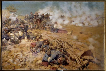 1870-krigen: "" Ildlinje ved slaget ved Rezonville 16. august 1870"" Maleri av Pierre Georges Jeanniot (1848-1934) 1886 Søn. 2x3 m Pau, Fine Arts Museum - Krigen i 1870: skuddlinje i slaget ved Rezonville, 16. august