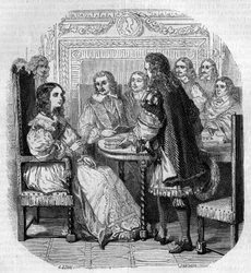 Besøk av dronning Christine av Suede (1626-1689) til Academy Francaise i Paris i nærvær av kardinal Richelieu Gravering av G. Staal