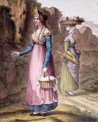 Tradisjonell drakt: en bonde fra omgivelsene til Lyon. Carpentier gravering