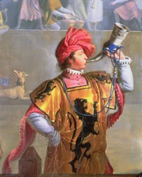 Scene av en turnering i det fjortende århundre, detalj av herolden, 1812 detalj av 89702 olje på lerret
