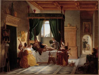 Gjenopprettingen av Bayard Ridderen Pierre Terrail, herre av Bayard (1476-1524) i samvær etter beleiringen av Brescia. Maleri av Pierre Henri Revoil (1776-1842) 1800-tallet søn. 1,35 X 1,77 m